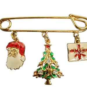 Vintage AVON gold-tone Christmas Safety Pin Charm Brooch